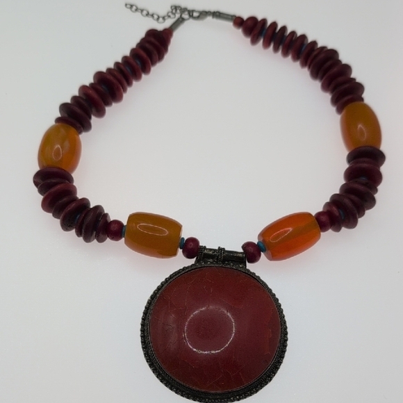 Vibrant Red and Orange Asymmetrical Necklace with Pendant - Picture 1 of 6